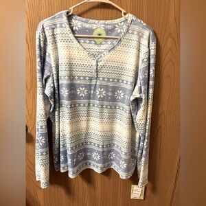 White Orchard Fleece Lined Blue & White Patterned Women's Pajama Top W/logo NWT